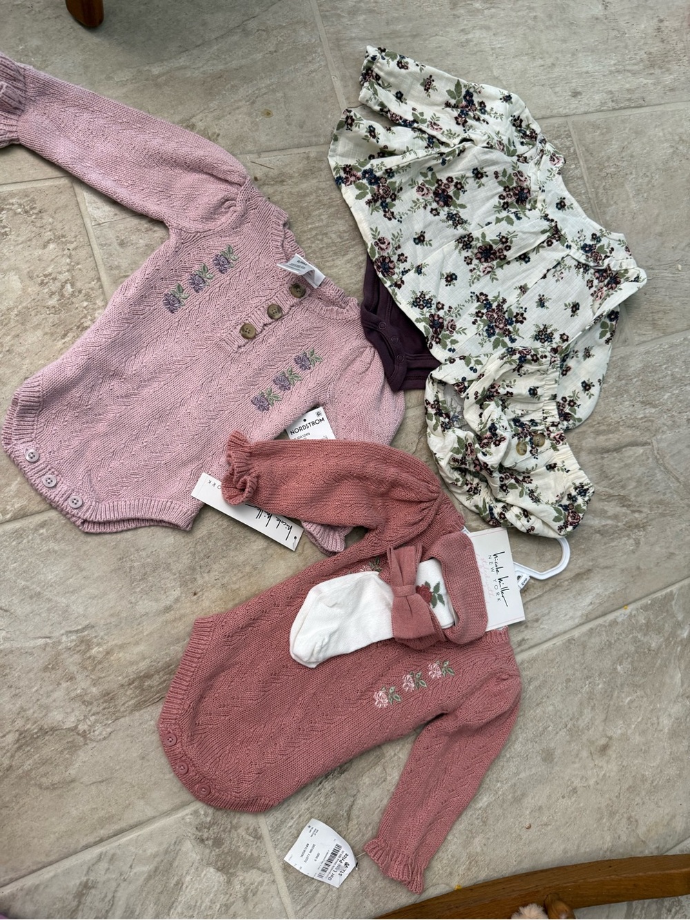 Baby Floral Knit Bodysuit Set - Pink & Mauve
